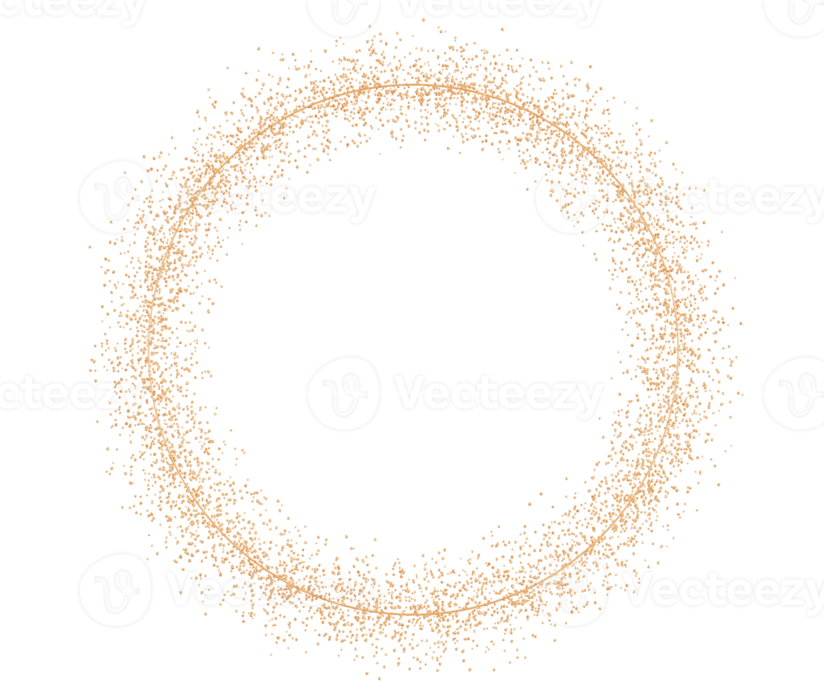 goldener kreis mit glitzernden, glänzenden partikeln auf transparentem hintergrund. runder rahmen mit kopierraum für text oder logo. party, frohe weihnachten, neujahrsdekoration. Gestaltungselement ausschneiden. 3D-Rendering. png