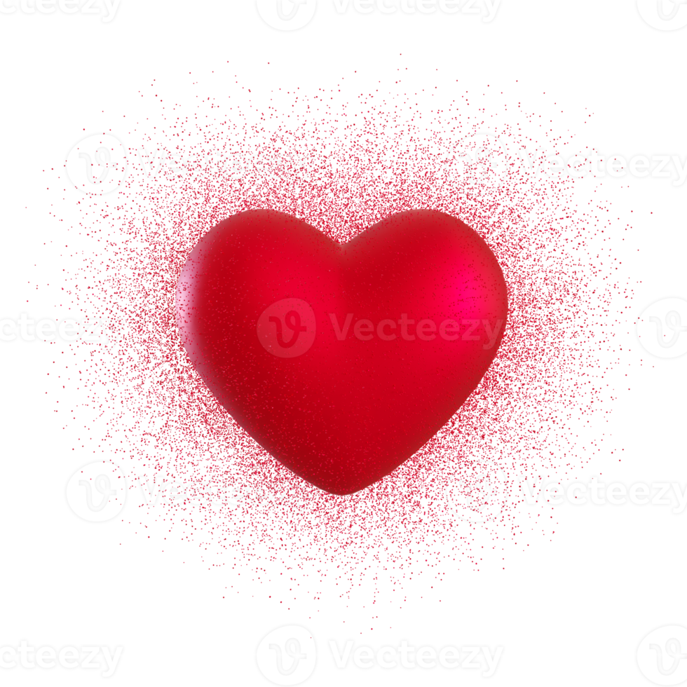 Red heart with small glitter particles, on transparent background. Valentine's Day. Cut out design element. 3D rendering. png