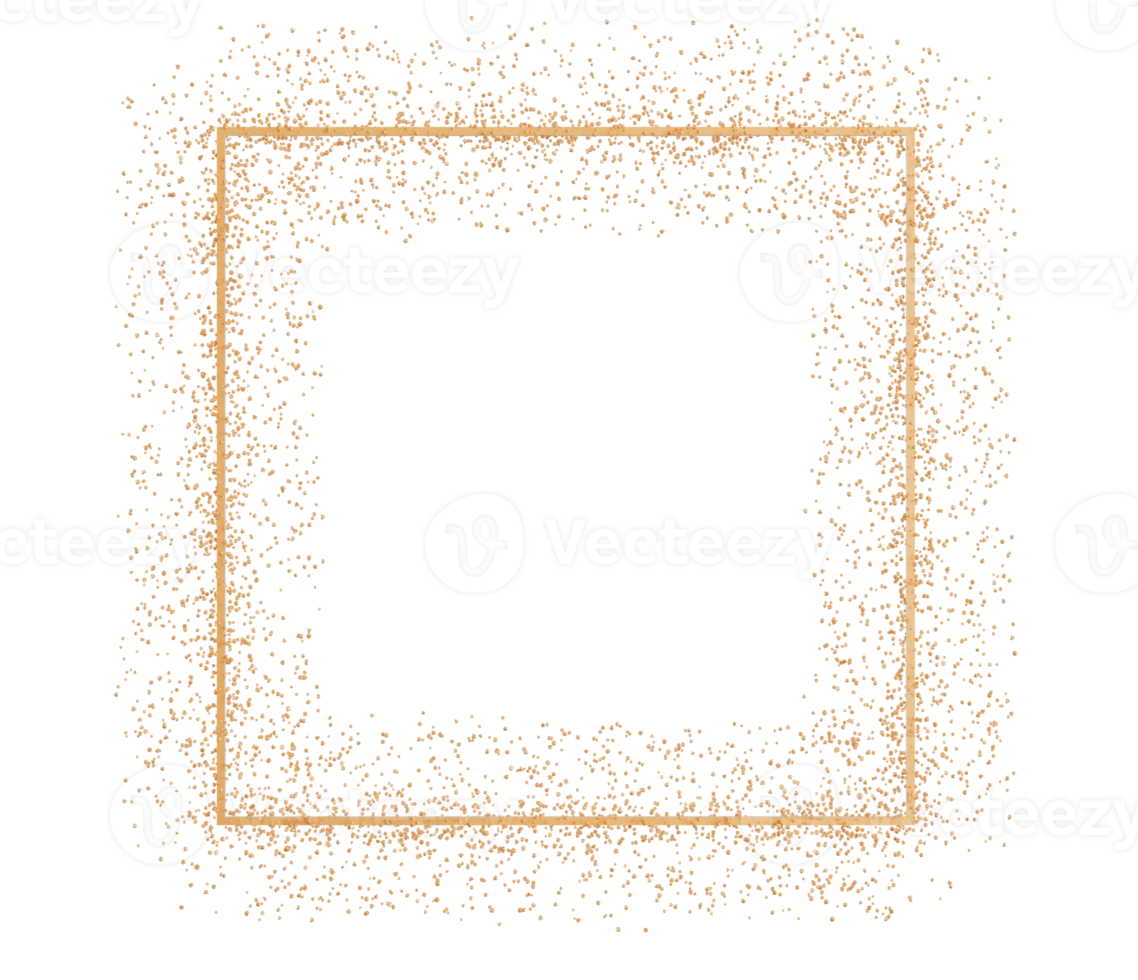 gyllene fyrkant med glitter, skinande partiklar, på transparent bakgrund. ram med kopia Plats för text eller logotyp. fest, glad jul, Lycklig ny år dekoration. skära ut design element. 3d framställa. png