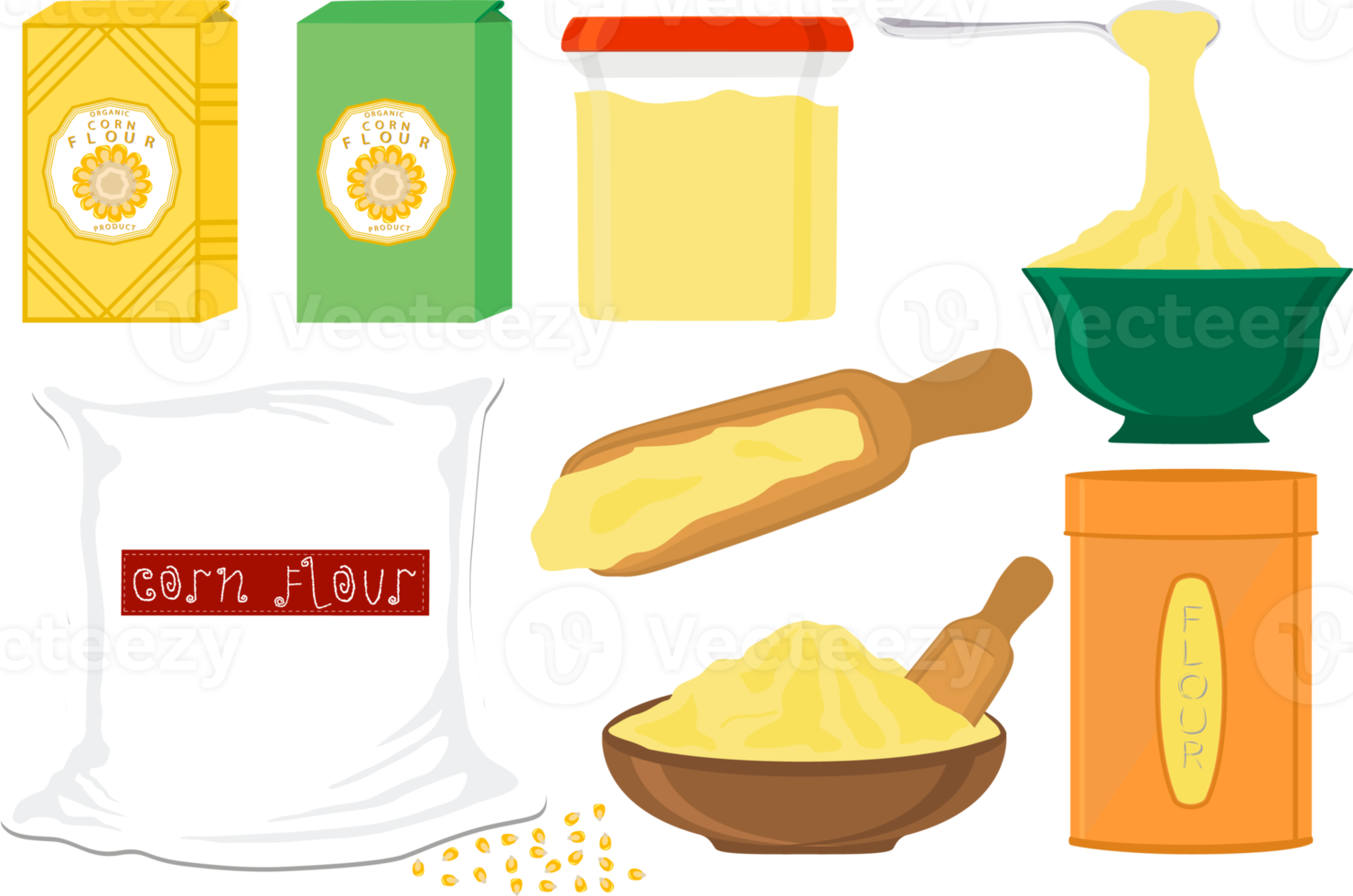 Gran conjunto de diferentes tipos de vajilla llena de harina de maíz. png
