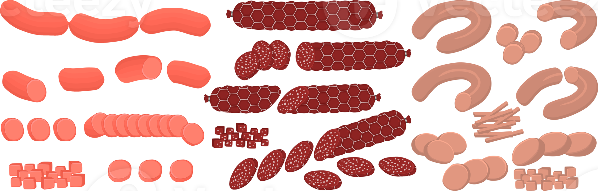 Gran conjunto de diferentes tipos de embutidos de carne delicatessen png