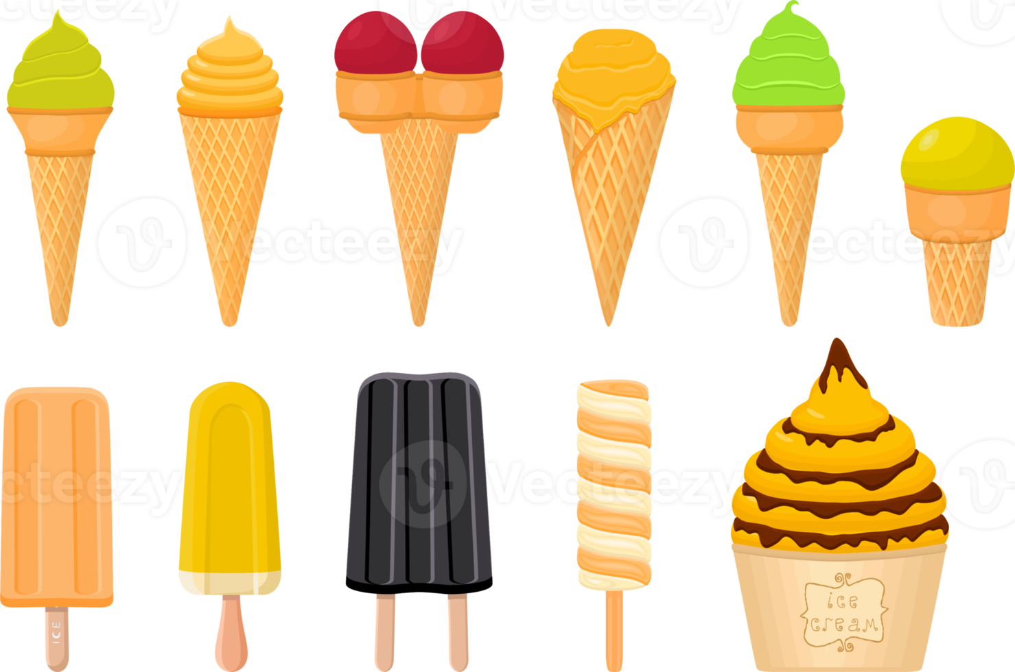 grande kit sorvete picolé diferentes tipos em copo de waffle de cone png