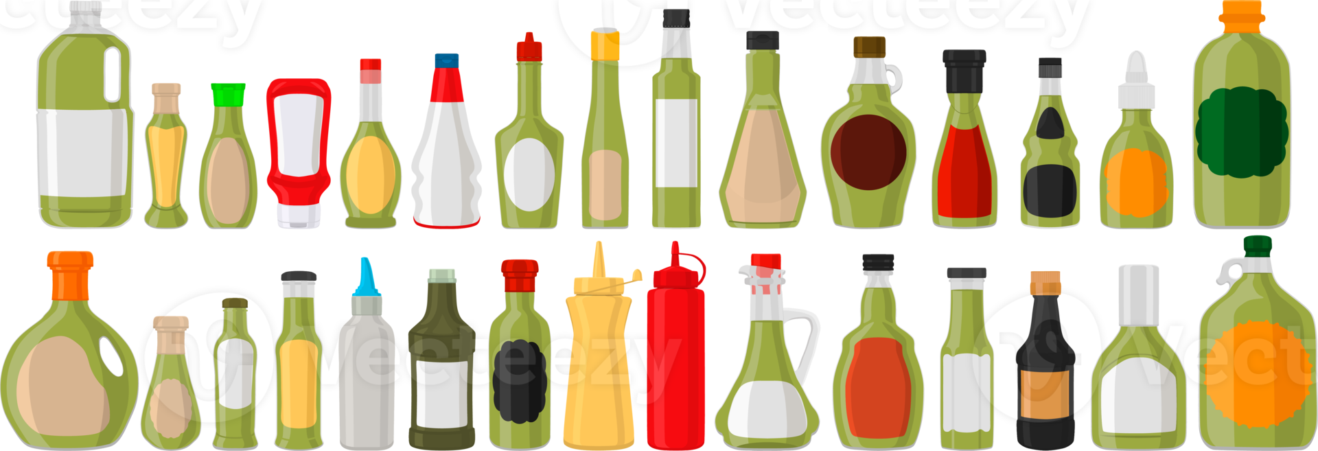 kit varied glass bottles filled liquid sauce guacamole png