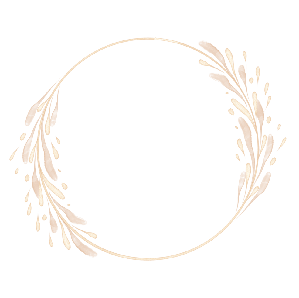 Golden decorative Circle floral Frame. Botanical round Wreath with branches, herbs, plants, and leaves. Rustic wedding border png