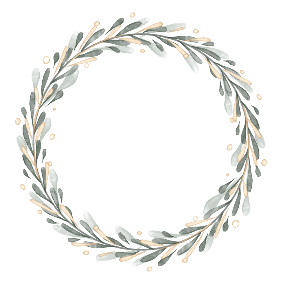 Watercolor decorative Circle floral Frame. Golden Botanical round Wreath with branches, herbs, plants, and leaves. Rustic wedding border png