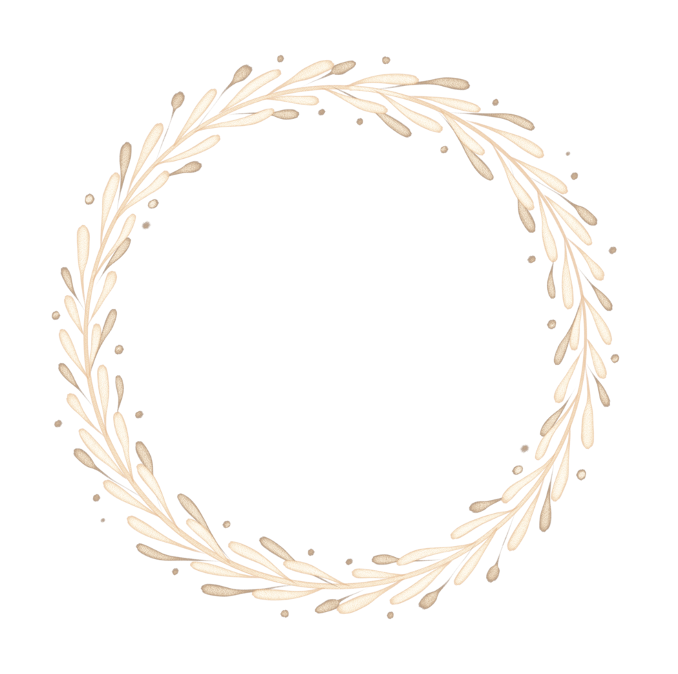 Golden decorative Circle floral Frame. Botanical round Wreath with branches, herbs, plants, and leaves. Rustic wedding border png