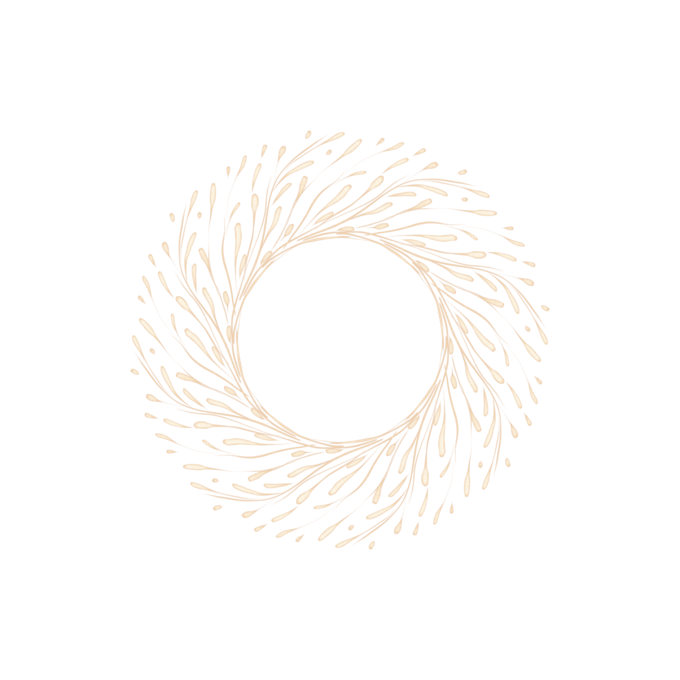 cadre floral cercle décoratif doré. couronne ronde botanique avec branches, herbes, plantes et feuilles. bordure de mariage rustique png