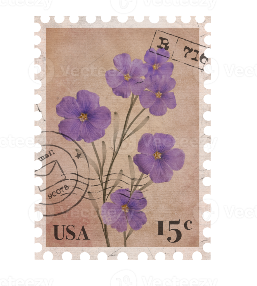 Floral vintage Postage Stamp. Retro Printable post stamp with flowers. Aesthetic cutout Scrapbooking elements for wedding invitations, notebooks, journals, greeting cards, wrapping paper png