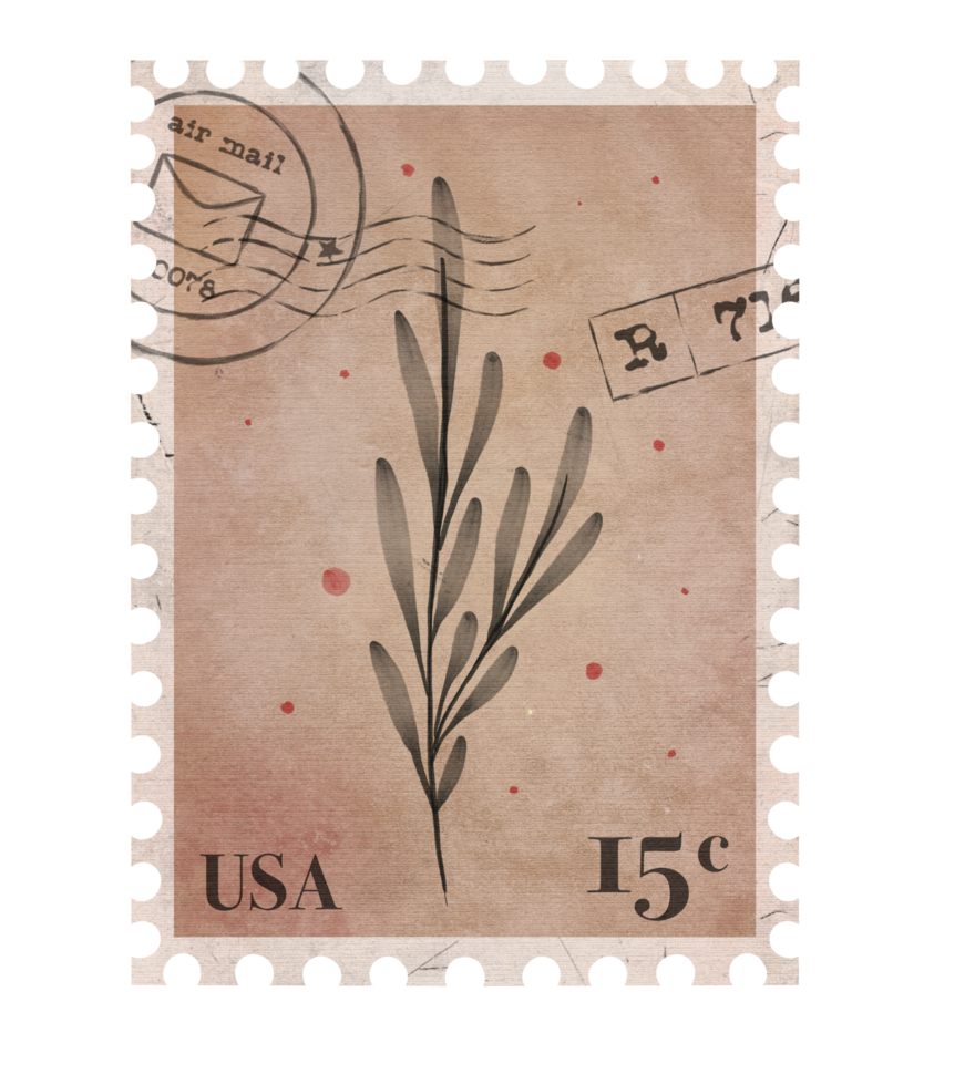 Botanical vintage Postage Stamp. Retro Printable post stamp with Leaves. Aesthetic cutout Scrapbooking elements for wedding invitations, notebooks, journals, greeting cards, wrapping paper png