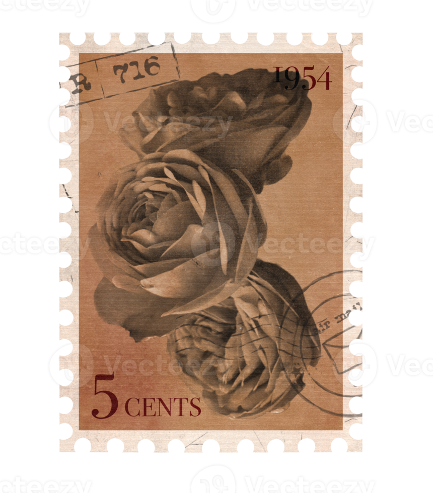 Floral vintage Postage Stamp. Retro Printable post stamp with flowers of Roses. Aesthetic cutout Scrapbooking elements for wedding invitations, notebooks, journals, greeting cards, wrapping paper png