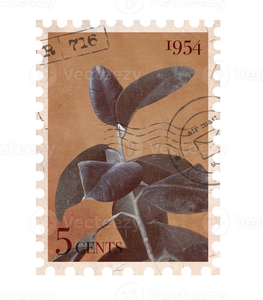 Botanical vintage Postage Stamp. Retro Printable post stamp with Leaves. Aesthetic cutout Scrapbooking elements for wedding invitations, notebooks, journals, greeting cards, wrapping paper png
