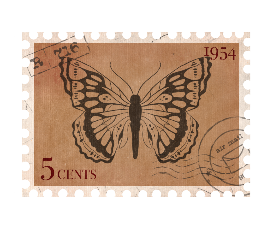 Vintage Postage Stamp with Butterfly. Retro Printable post stamp. Aesthetic cutout Scrapbooking elements for wedding invitations, notebooks, journals, greeting cards, wrapping paper png