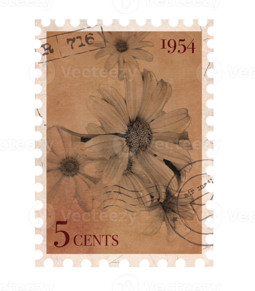 Floral vintage Postage Stamp. Retro Printable post stamp with flowers. Aesthetic cutout Scrapbooking elements for wedding invitations, notebooks, journals, greeting cards, wrapping paper png