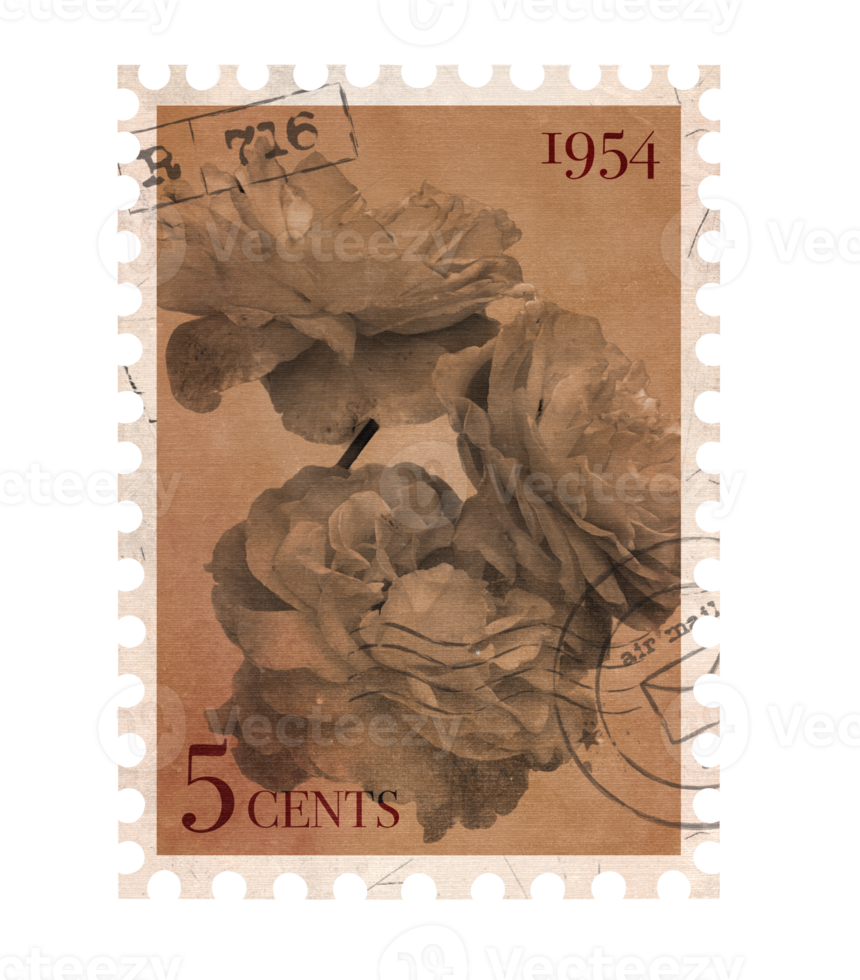 Floral vintage Postage Stamp. Retro Printable post stamp with flowers of Roses. Aesthetic cutout Scrapbooking elements for wedding invitations, notebooks, journals, greeting cards, wrapping paper png