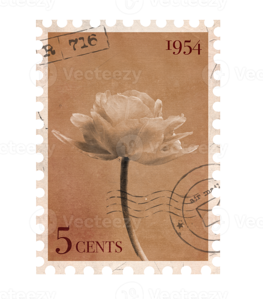 Floral vintage Postage Stamp. Retro Printable post stamp with flowers. Aesthetic cutout Scrapbooking elements for wedding invitations, notebooks, journals, greeting cards, wrapping paper png