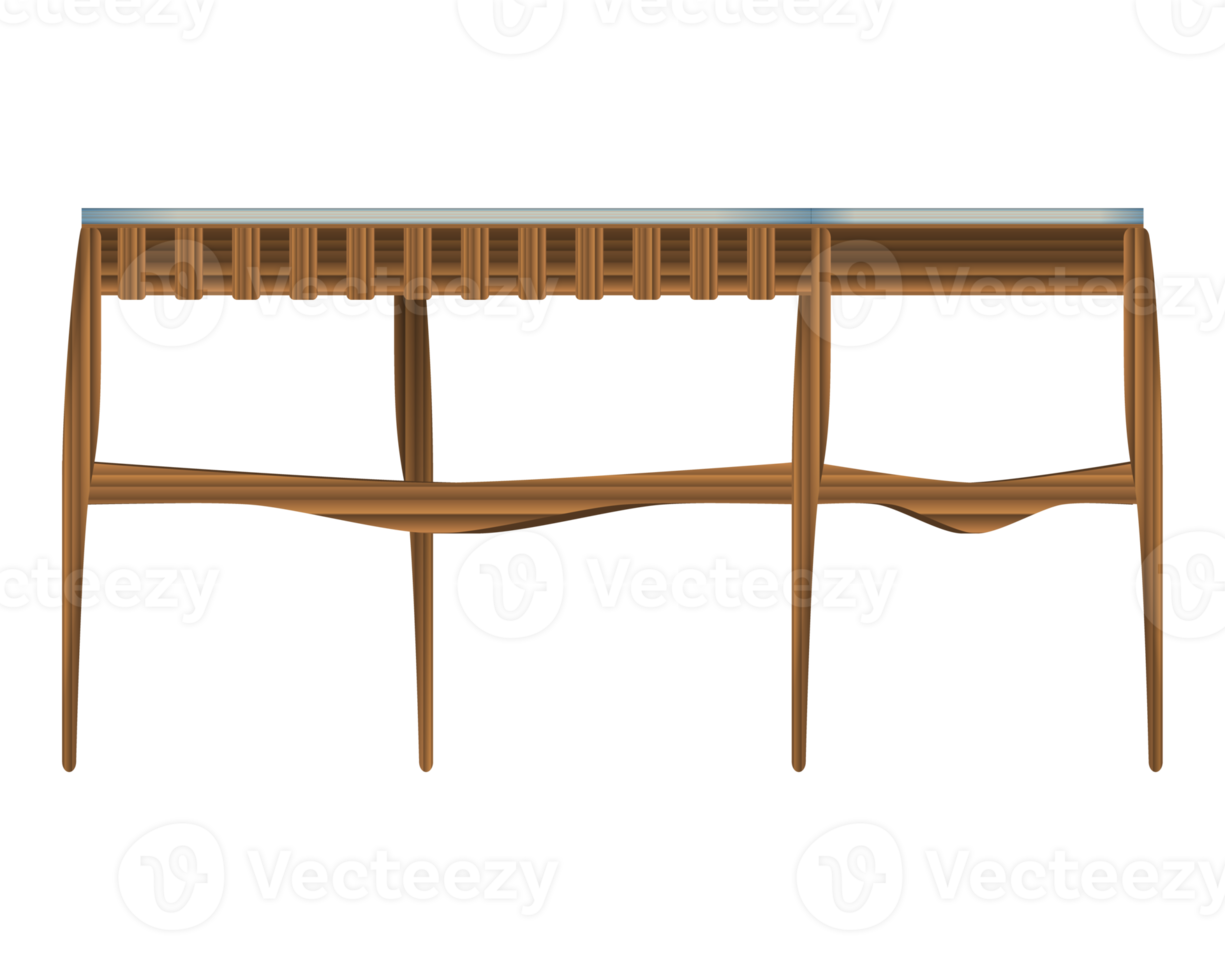 Folding wood table three-quarter view in realistic style. Turquoise table top. Home wooden furniture design. Colorful PNG illustration.