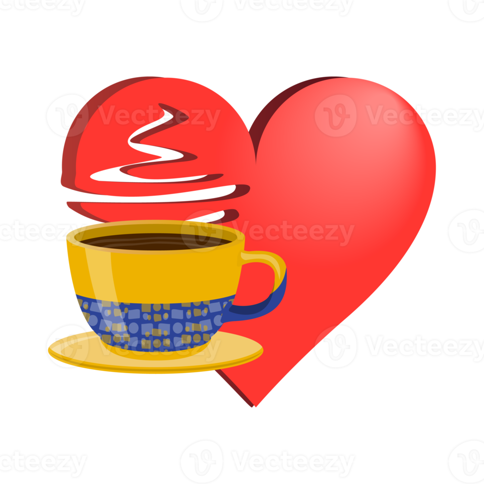 San Valentino giorno cuore e tazza logo nel realistico stile. semplice volumetrica rosso cuore icona. giallo blu tazza di tè caffè. colorato png illustrazione.