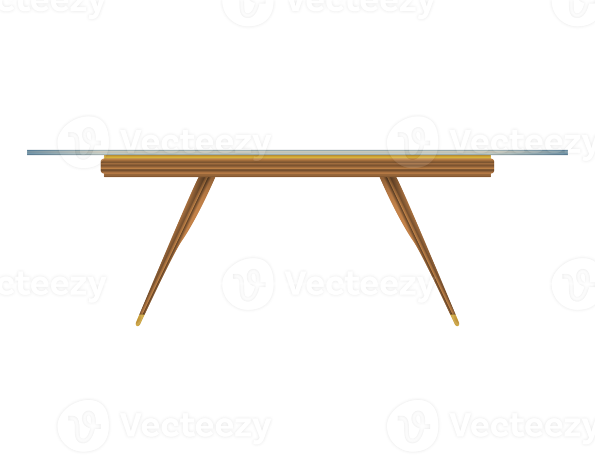 Glass tabletop wood table front view in realistic style. Transparent table top. Home wooden furniture design. Colorful PNG illustration.