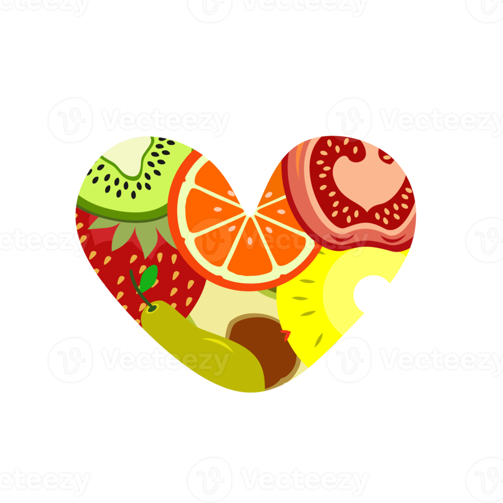 Word vegan day with fruity icon on love shape png