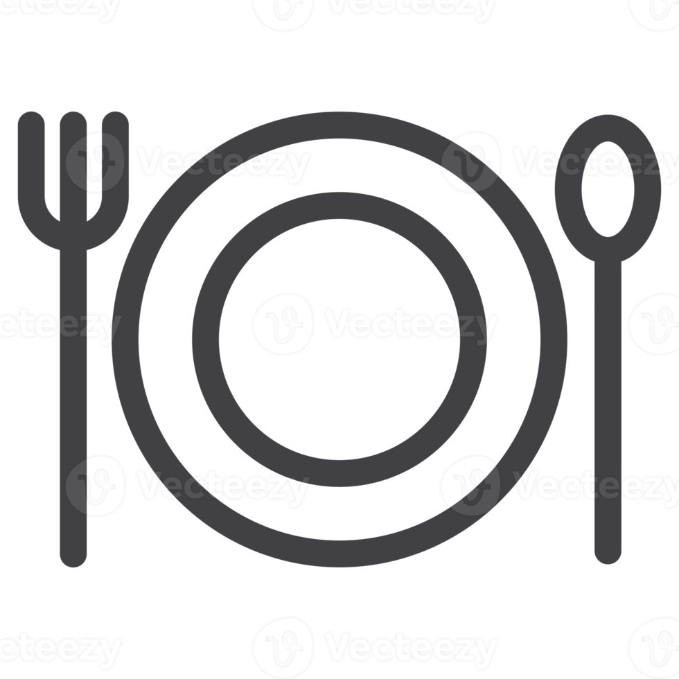 restaurant icon, spoon and fork on plate, thin line icon png