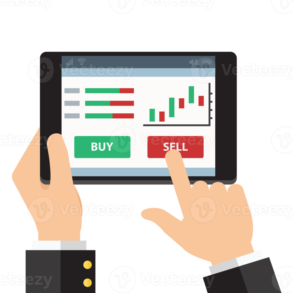 online trading stocks currency, hand pushing a button on a touch screen interface, Flat design png