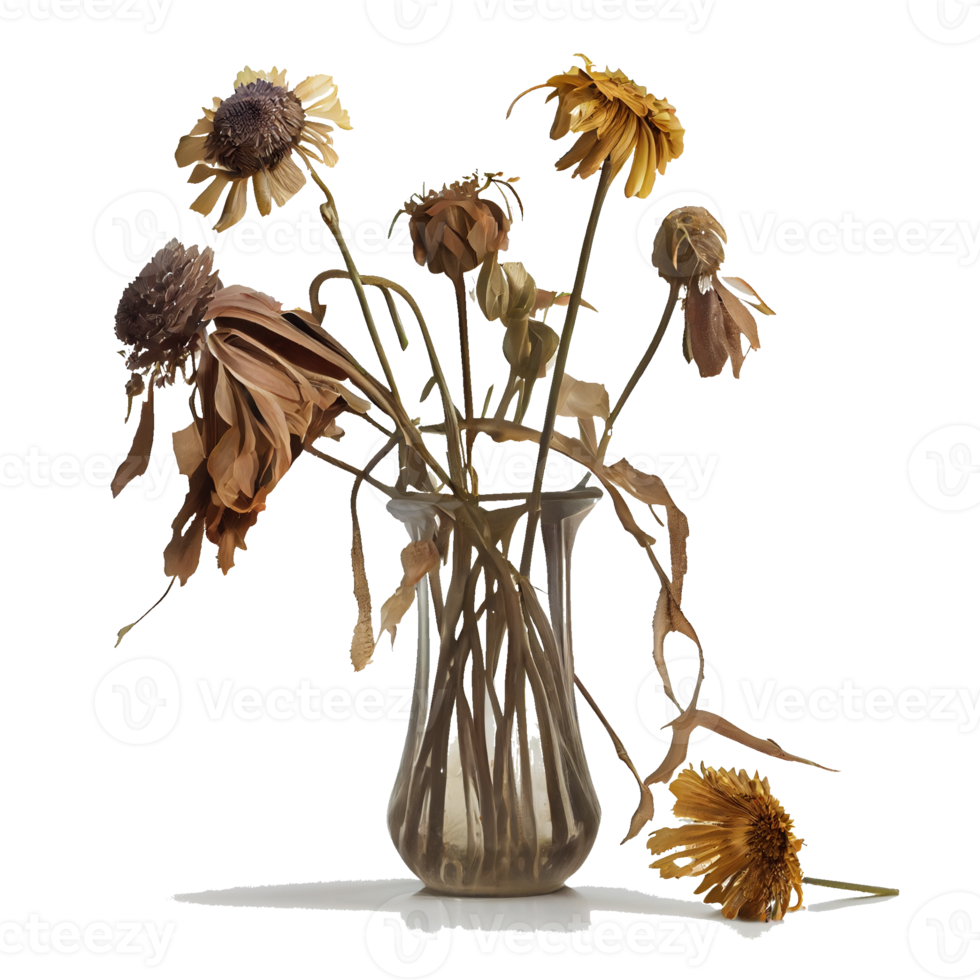 fleurs fanées dans un fond transparent de vase. pour des projets de décoration. concept de tristesse non partagé isolé png