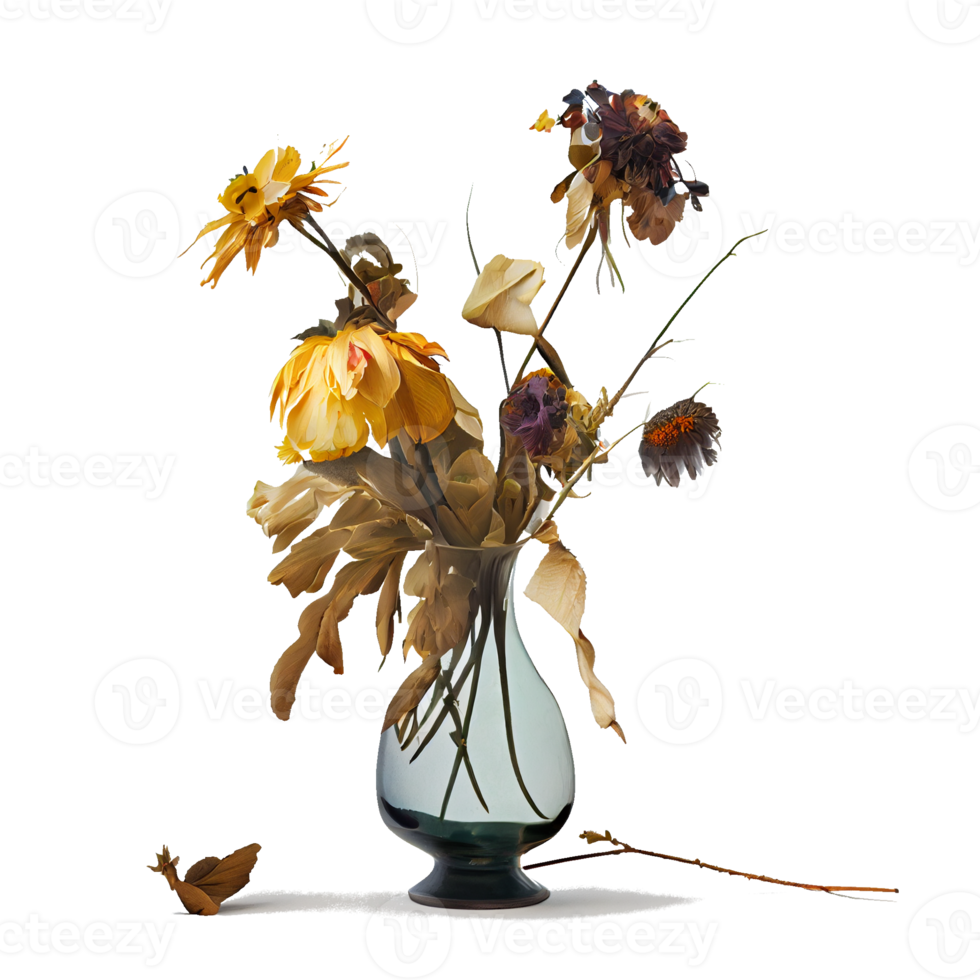 withered flowers in a vase Transparent background. for decorating projects. unrequited sadness concept isolated png