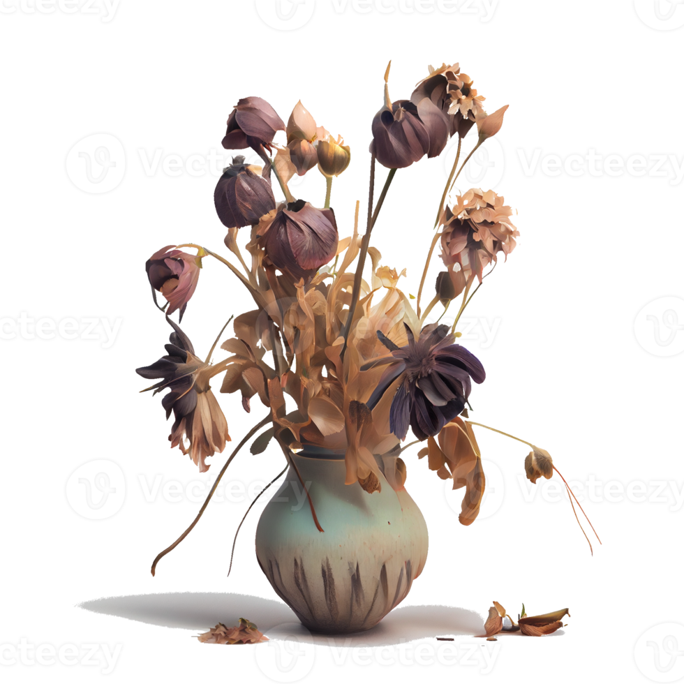 withered flowers in a vase Transparent background. for decorating projects. unrequited sadness concept isolated png