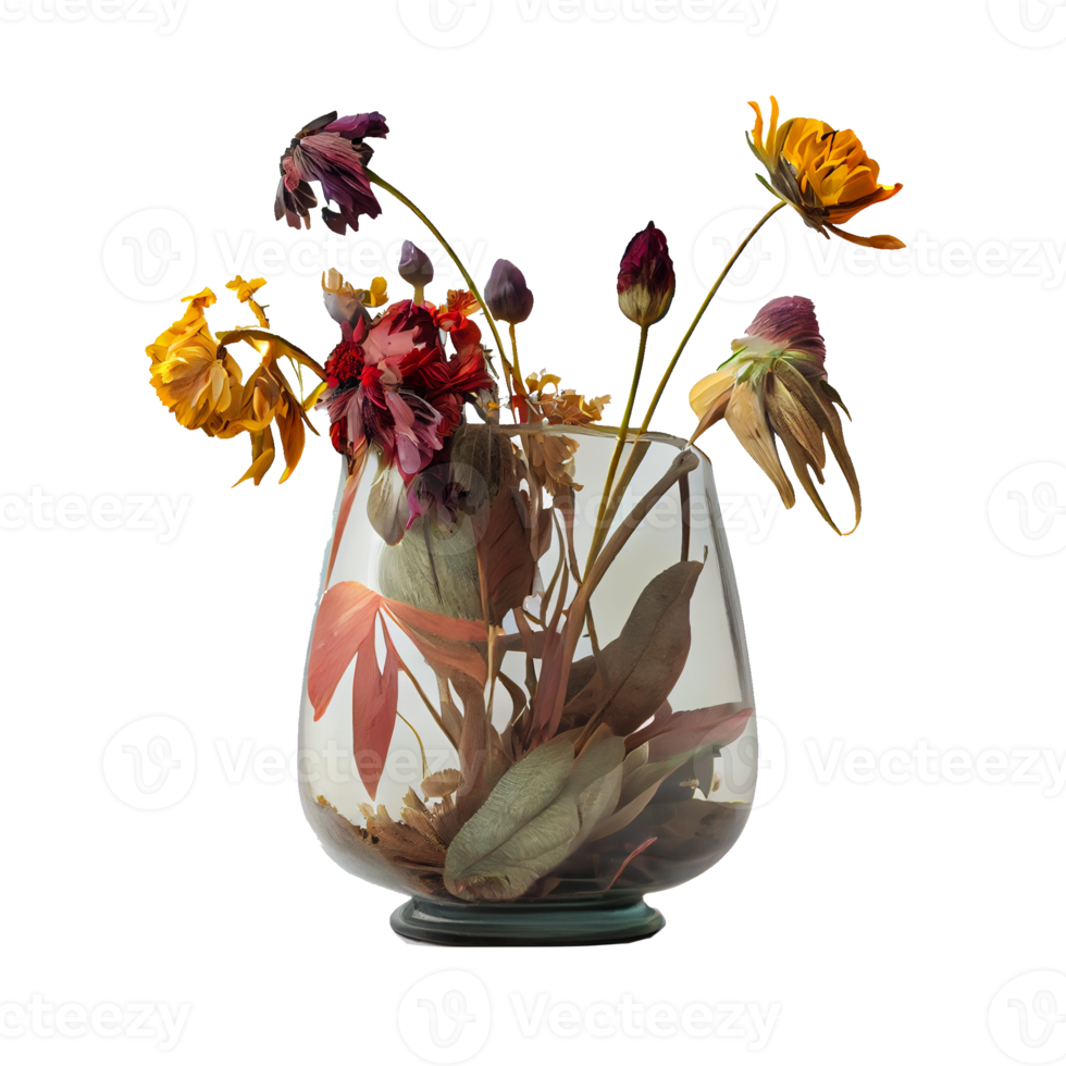 withered flowers in a vase Transparent background. for decorating projects. unrequited sadness concept isolated png