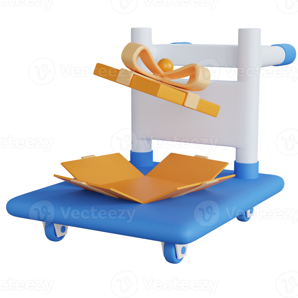 3d rendering blue trolley with wide open gift box isolated png