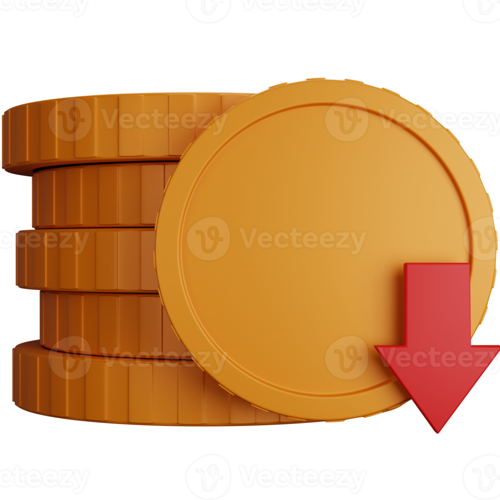 3d renderen stack van munten met pijl naar beneden geïsoleerd png