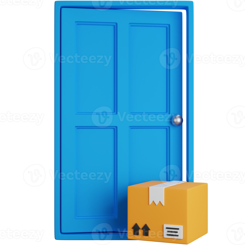 3d rendering blue door with a shipping box in front isolated png