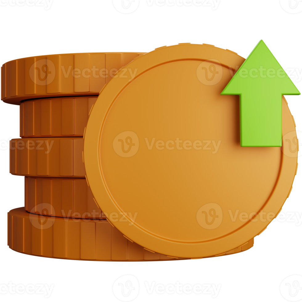 3d rendering stack of coins with an arrow up isolated png