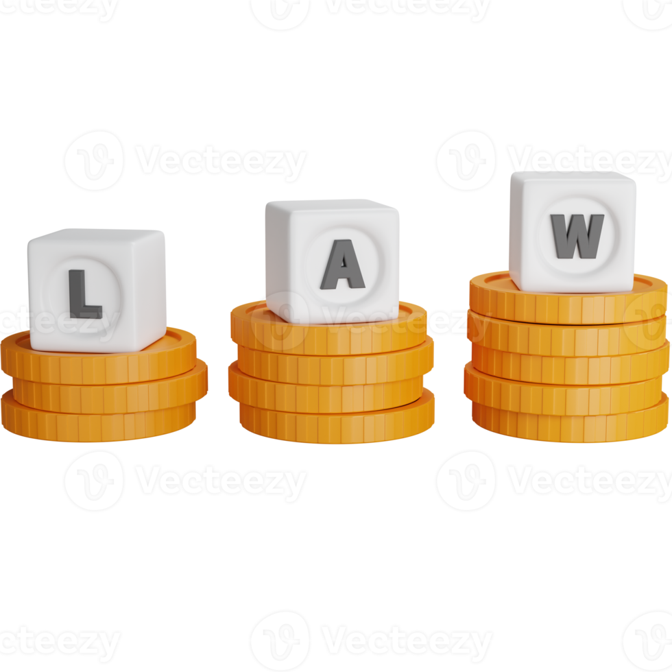 3d rendering pile of coins with the dice written Law on top isolated png