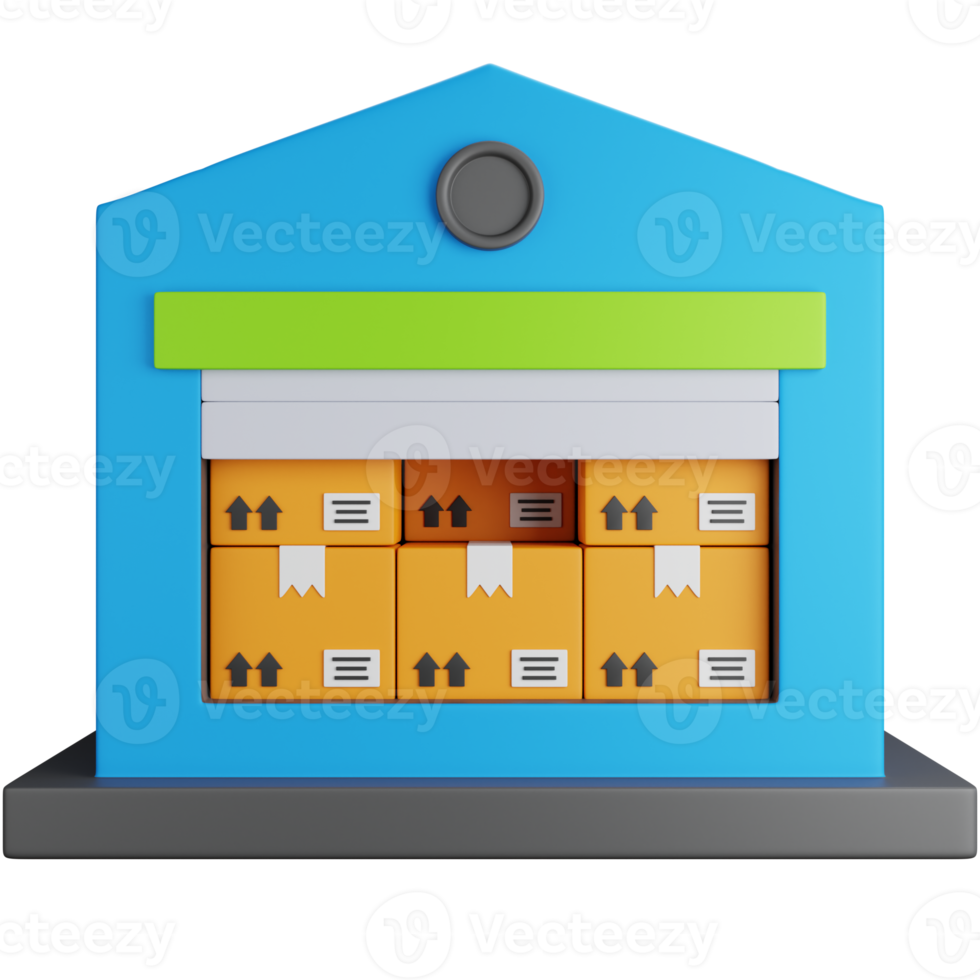 Entrepôt de rendu 3d avec boîtes d'expédition entièrement approvisionnées isolées png