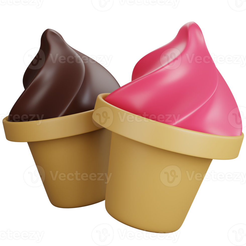 3d rendering two chocolate and strawberry ice cream cones isolated png