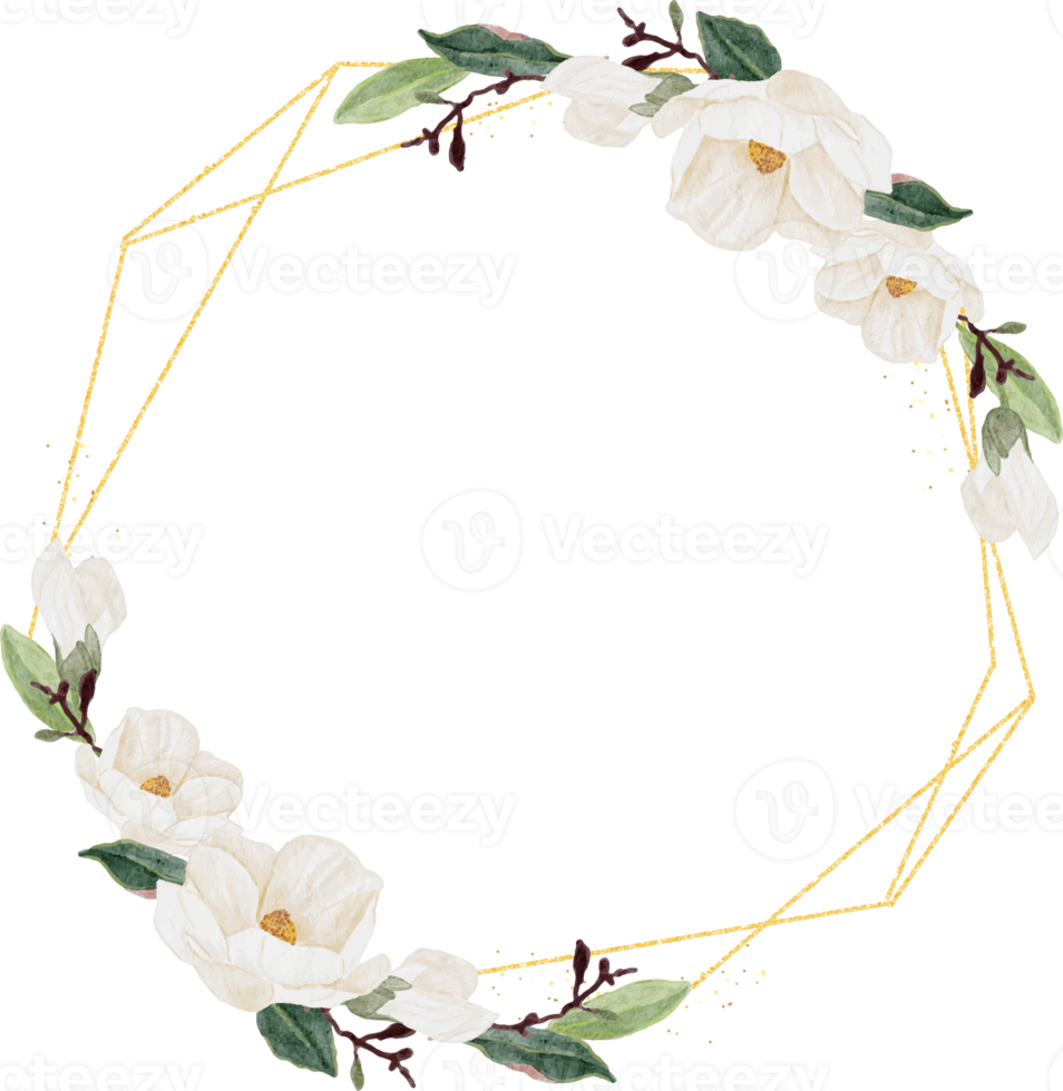 quadro de grinalda de clipart de buquê de flores e folhas de magnólia branca aquarela png