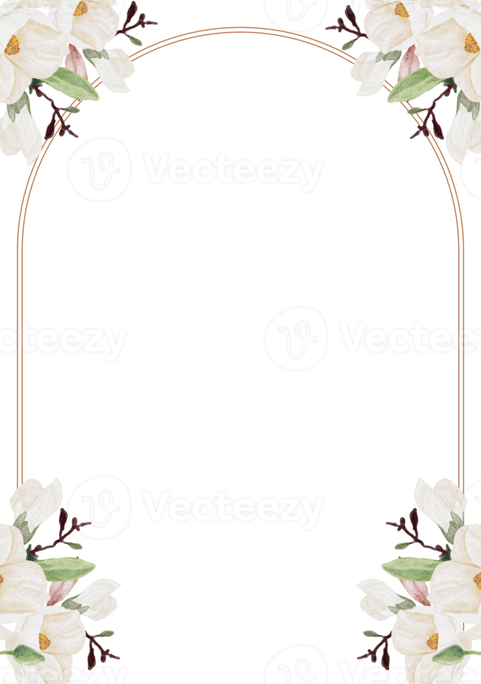 vattenfärg hand dragen vit magnolia blomma och grön blad gren bukett bröllop inbjudan kort png