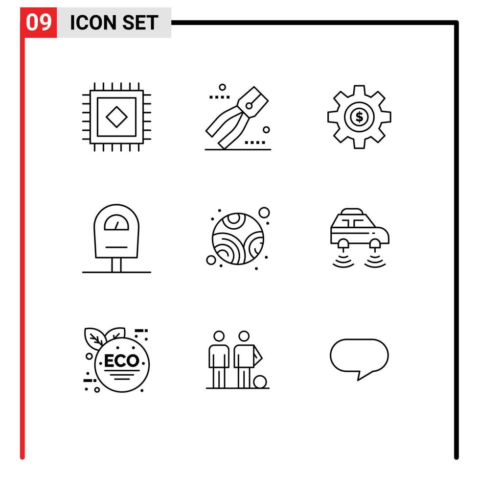 Outline Pack of 9 Universal Symbols of car planet gear neptune meter Editable Vector Design Elements