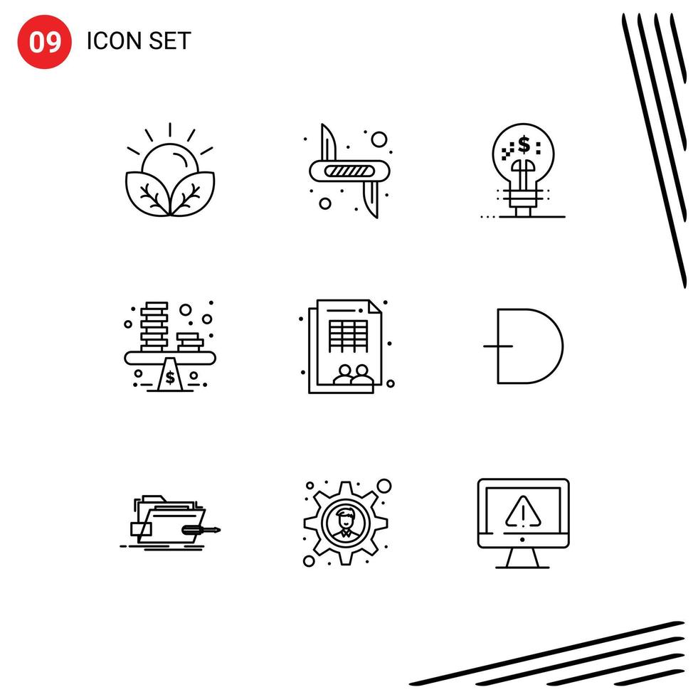 Pictogram Set of 9 Simple Outlines of profit business army balance fintech Editable Vector Design Elements