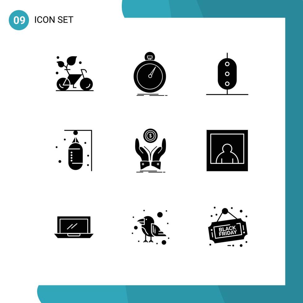 Modern Set of 9 Solid Glyphs and symbols such as sand boxer speed bag peas Editable Vector Design Elements