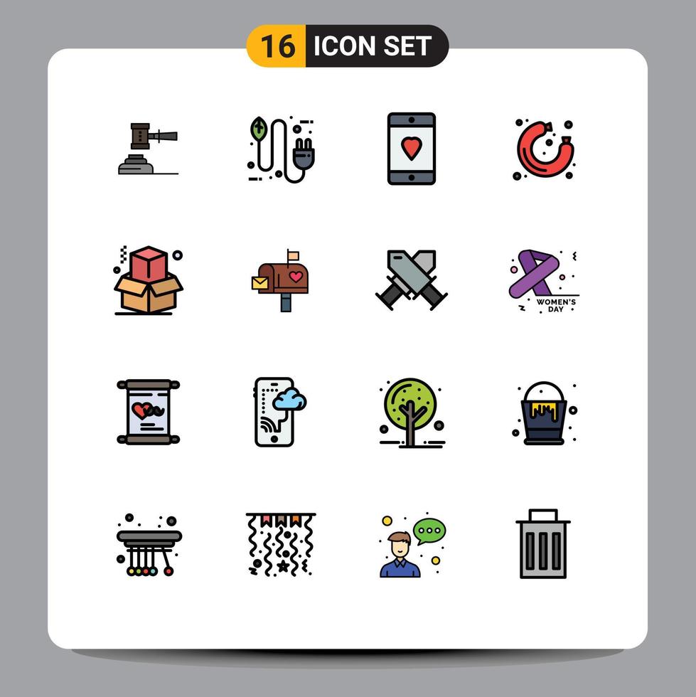 Universal Icon Symbols Group of 16 Modern Flat Color Filled Lines of mobile heart bio devices plug Editable Creative Vector Design Elements