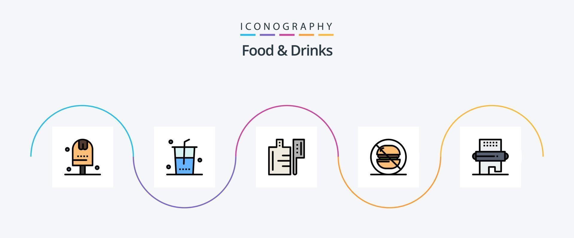 Food and Drinks Line Filled Flat 5 Icon Pack Including drinks. no. shopping. label. fast vector