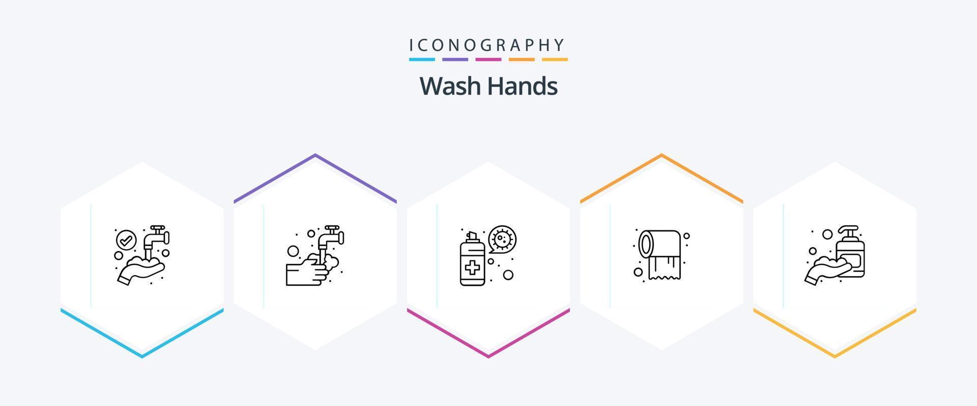 Wash Hands 25 Line icon pack including corona. tissue. bubble. roll. protection vector