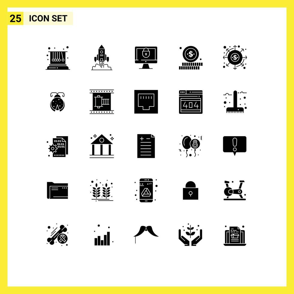 User Interface Pack of 25 Basic Solid Glyphs of dividends money game shopping security Editable Vector Design Elements