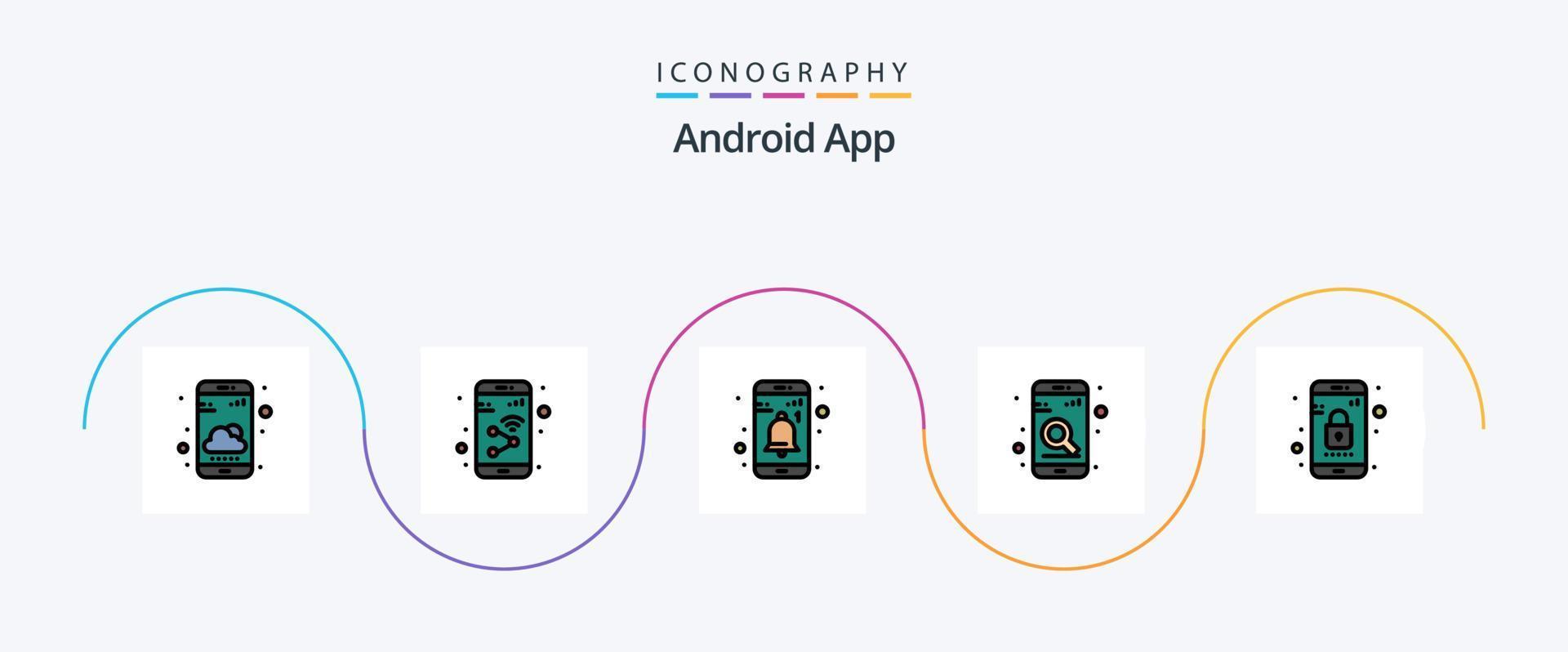 La línea de la aplicación de Android llenó el paquete de iconos planos 5 que incluye la aplicación. teléfono. Wifi. móvil. usuario vector