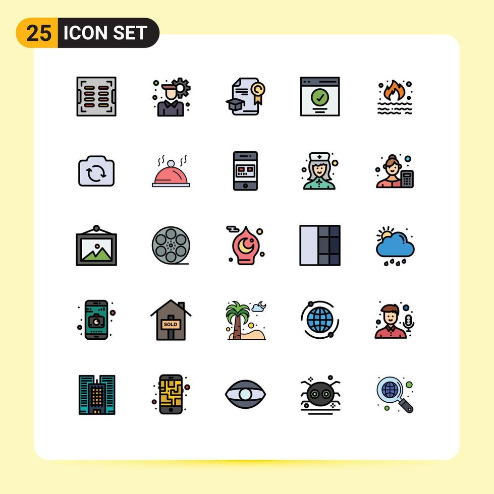 25 Universal Filled line Flat Color Signs Symbols of fire user education success interface Editable Vector Design Elements