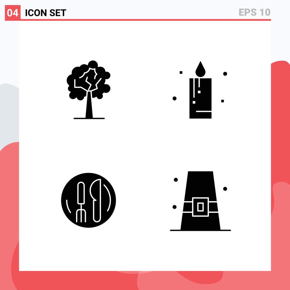 Pictogram Set of 4 Simple Solid Glyphs of tree plate candle hotel buckle Editable Vector Design Elements