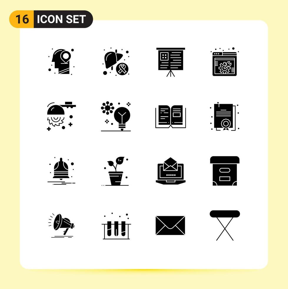 Modern Set of 16 Solid Glyphs Pictograph of circular webpage sick web setting spanner Editable Vector Design Elements