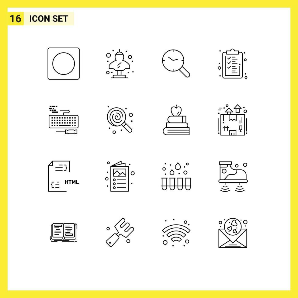 Group of 16 Modern Outlines Set for key clipboard greek checklist clock Editable Vector Design Elements